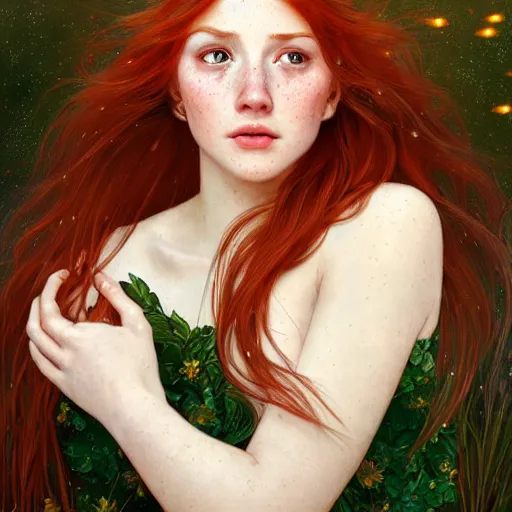 Image similar to portrait of a red haired girl, long hair, green eyes, hint of freckles, beautiful round face, soft amazed smiles, among golden fireflies, highly detailed, deep focus, elegant, digital painting, smooth, sharp focus, golden ratio, illustration, ultra realistic, 8 k, art by artgerm and alphonse mucha