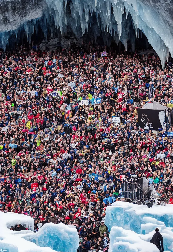 Prompt: pregnant woman at the top making an epic speech to a proud of warrior crowd hearing from bellow, ice cave, facinating, epic, masterpiece