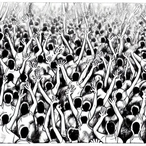 Prompt: the messiest rave you've ever been to, hyper detailed photorealistic pencil drawing of a large group of people dancing at a rave