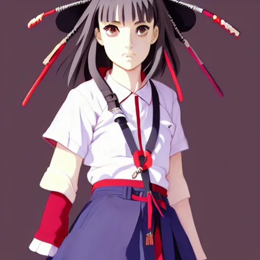 Image similar to a beautiful! boyish! natalie portman model, wearing japanese catholic school girl outfit with mayan pattern and native style, aztec street fashion, guilty gear art direction, perfect anime face, gapmoe yandere grimdark, trending on pixiv fanbox, painted by greg rutkowski makoto shinkai takashi takeuchi studio ghibli, akihiko yoshida