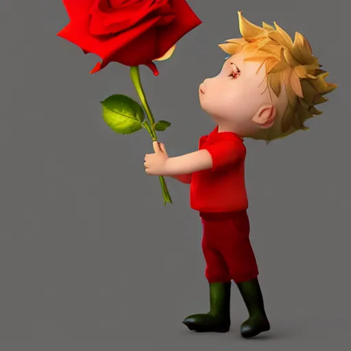 Prompt: the little prince holding a red rose illustration, bokeh, octane render, award winning, trending on art station