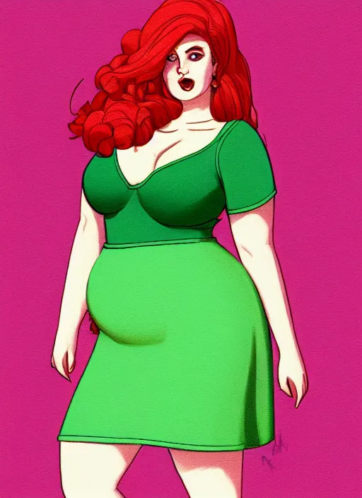 Image similar to full body portrait of teenage cheryl blossom, obese, bangs, green eyes, sultry, realistic, red hair, sultry smirk, wavy hair, pink skirt, obese, intricate, elegant, glowing lights, highly detailed, digital painting, artstation, concept art, smooth, sharp focus, illustration, art by wlop, mars ravelo and greg rutkowski