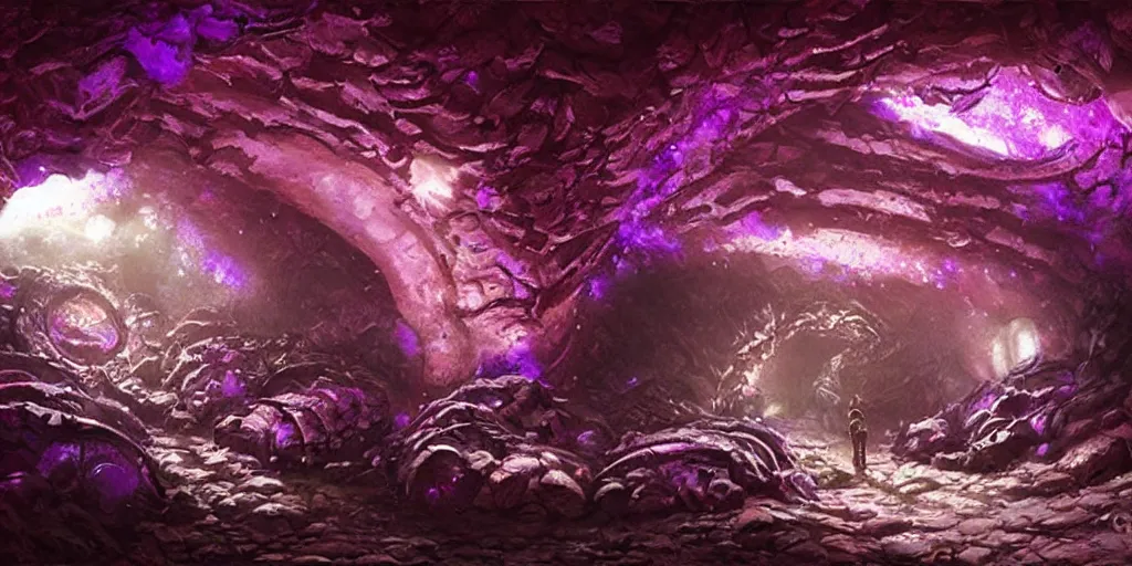 Image similar to beautiful hyper realistic zergling tunnel in cave of purple crystals, beautiful painting by greg rutkowski