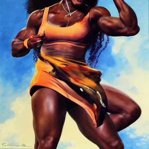 Image similar to ultra realistic portrait painting of serena williams as a pop singer, art by frank frazetta, 4 k, ultra realistic, highly detailed, epic lighting.