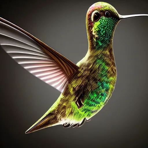 Image similar to realistic!!!! cybernetic!!!!!!!!!!!! hummingbird, studio lighting, dark background, exposed mechanics