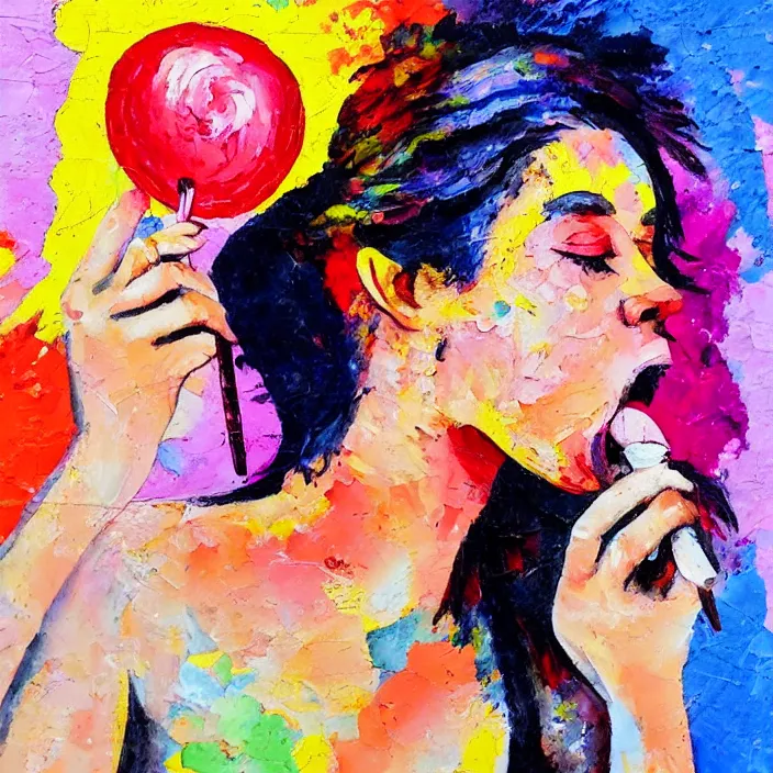 Image similar to portrait of beautiful woman licking a lollipop painted with colorful gouache impasto