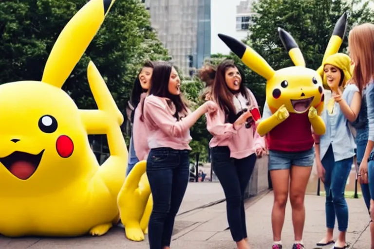 Image similar to a group of young woman are crowded around a life size pikachu and they looking directly it and they are laughing at it