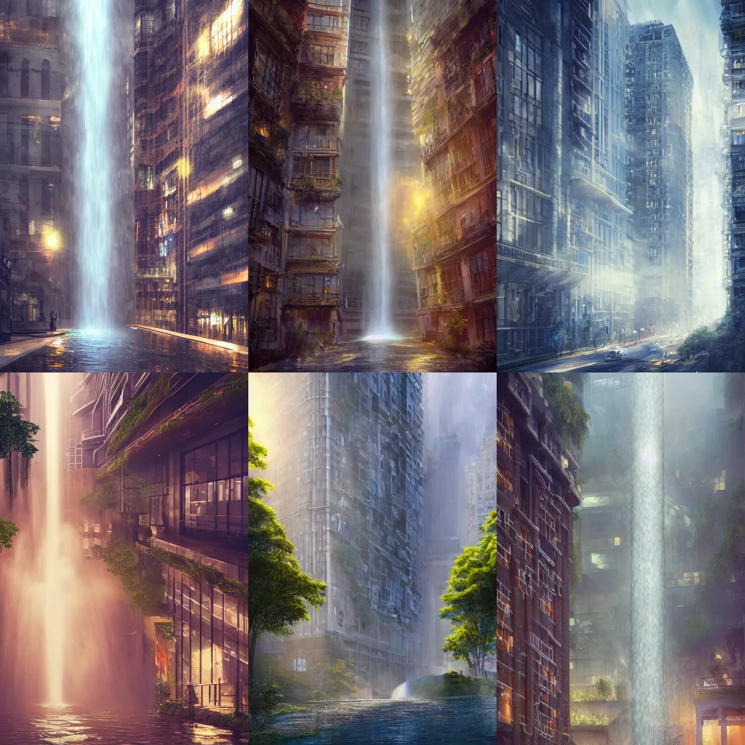 Prompt: waterfall cascading down a tall building on to street below, soft lighting,, misty, trending on art station fantasy art, global illumination, radiant light, detailed and intricate environment