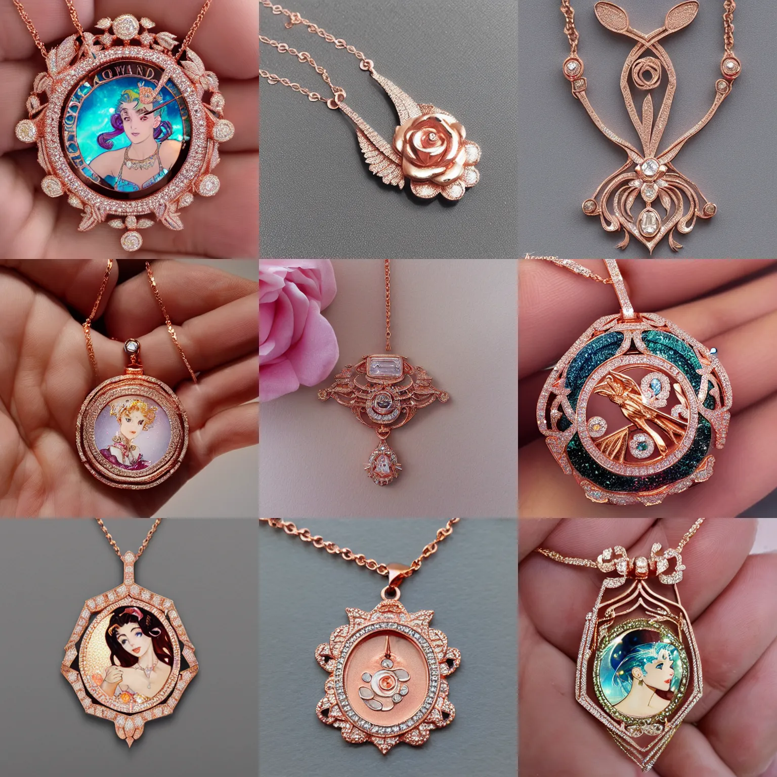 Prompt: a beautiful photorealistic Tiffany Diamond Necklace made of rose gold glowing in sparkles with heavenly notes Neo Rococo, highly detailed sailor moon aesthetic, matte, sharp focus, Artgerm and Greg Rutkowski and Alphonse Mucha