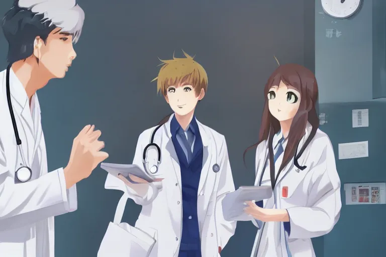 Image similar to a cute and beautiful young female doctor wearing white coat are talking with a handsome young man wearing white coat in a hospital ward, highly detailed, digital painting, slice of life anime, illustration, anime scenery by Makoto shinkai