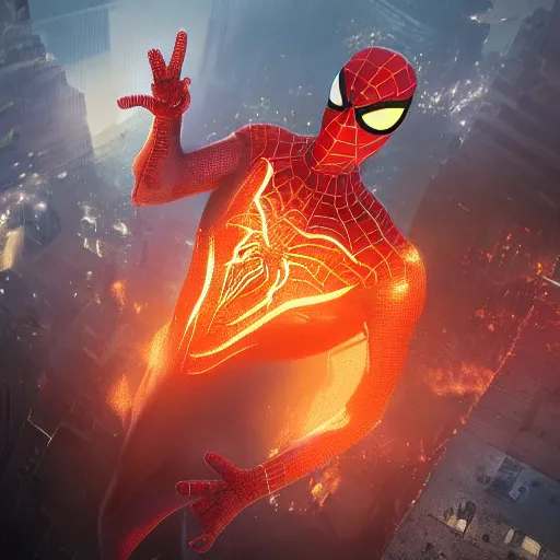 Image similar to concept render of a spiderman made of fire by cedric peyravernay and leon tukker