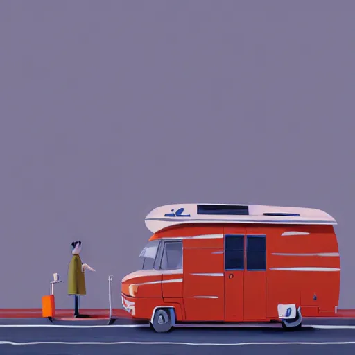 Prompt: goro fujita ilustration loaded with suitcases a motorhome at a gas station, painting by goro fujita, sharp focus, highly detailed, artstation