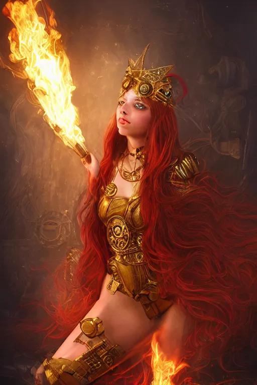 Image similar to a beautiful image of a young woman, steampunk Chandra queen of fire, big googles over her head, long flowing hair flowing with fire, steampunk costume mostly red and gold young female face, cinematic top lighting, insanely detailed and intricate, face by wlop, Charlie Bowater, golden ratio, symmetric, elegant, ornate, luxury, elite, matte painting, cinematic, trending on artstation, deviantart and cgsociety, 8k, high resolution