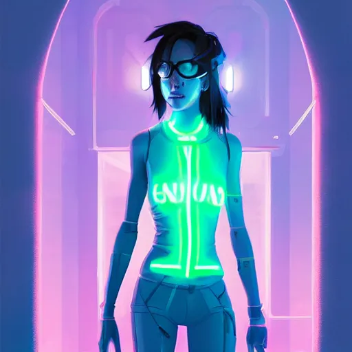 Image similar to a female protagonist wearing neon clothing minimalist, cyberpunk, behance hd by jesper ejsing, by rhads, makoto shinkai and lois van baarle, ilya kuvshinov, rossdraws global illumination ray tracing hdr radiating a glowing aura, fine texture, editorial illustration, dramatic lighting, dynamic composition, detailed, matte print, dynamic perspective, muted color