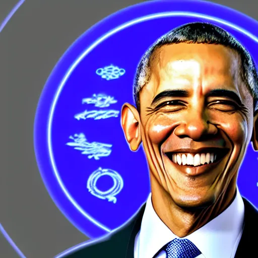 Image similar to Obama has a Astrology Magic Circle Blue Light floating above his hand, Obama is smiling towards the viewer, 40nm lens, 4k,