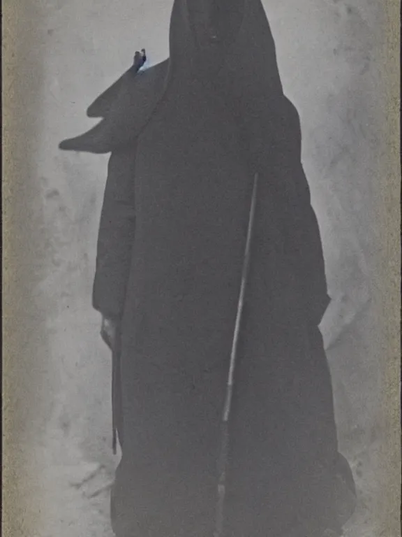 Image similar to portrait of faceless grim reaper with covered face and bright glowing eyes, ww1 photo, grainy, high detail, high resolution,