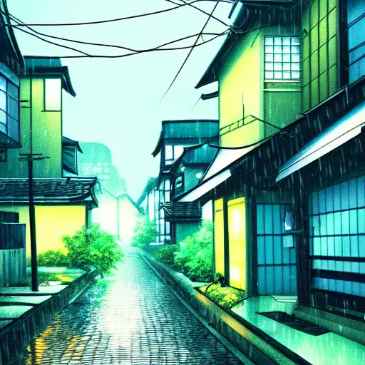 Image similar to anime tokyo residential quiet street scenery only wallpaper aesthetic, rainy scene, beautiful