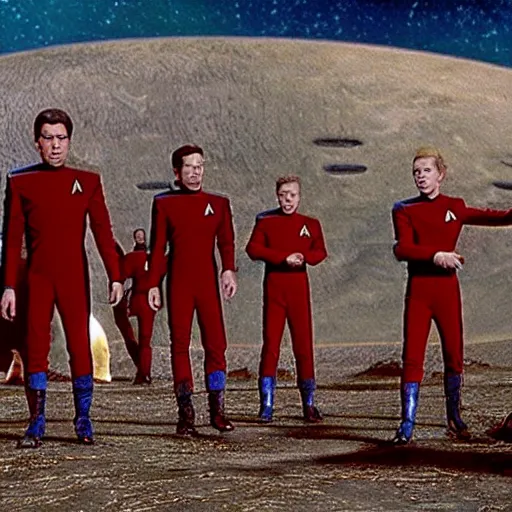 Prompt: a still from star trek showing a group of characters in red, blue, gold star trek uniforms in the far distance on an alien planet.