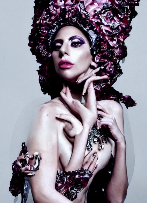 Prompt: lady gaga photoshoot styled by nick knight posing renaissance themed, vogue magazine, Highly realistic. High resolution. Highly detailed. Dramatic. 8k.4k.