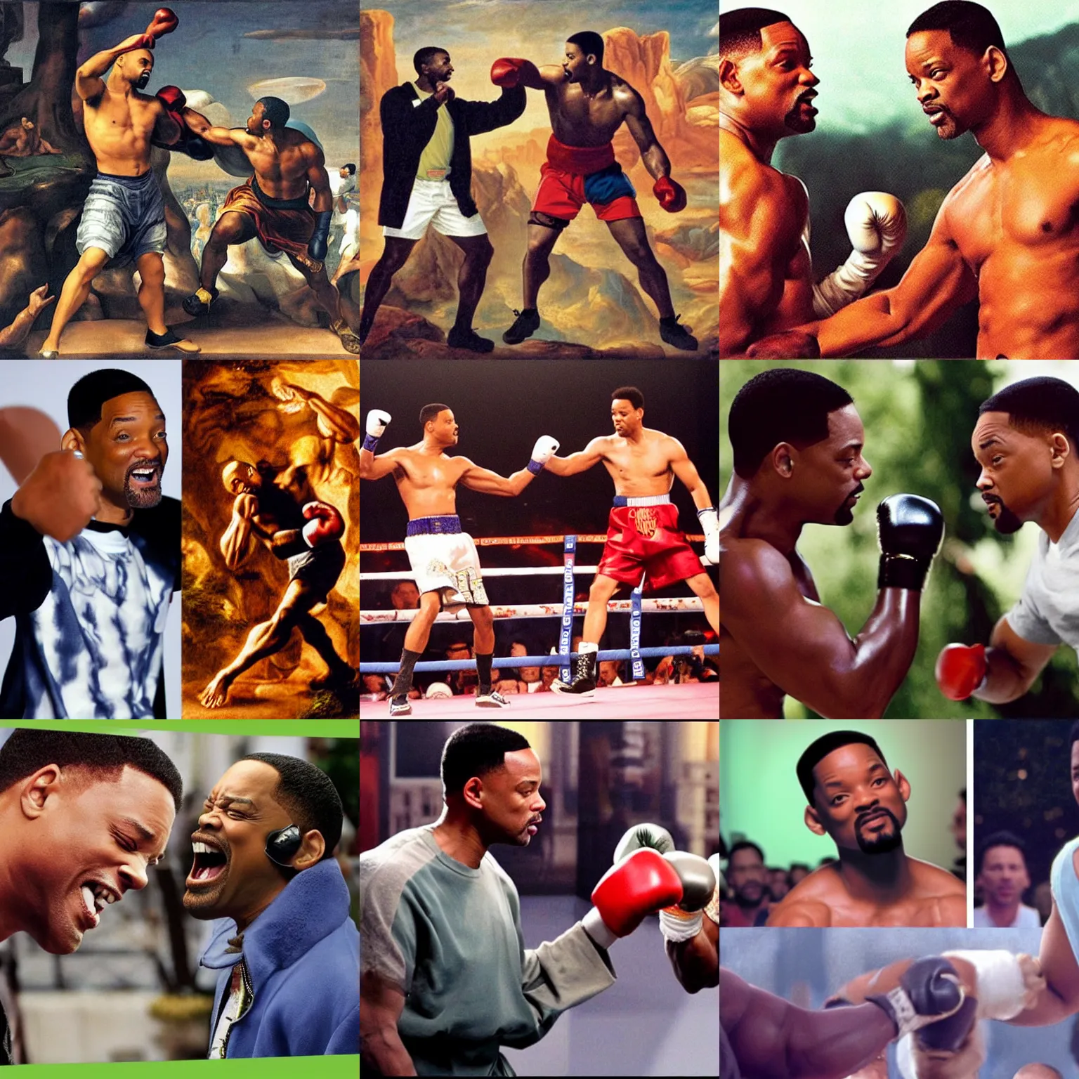 Prompt: will smith punching chris rock, the creation of adam, style of michaelangelo