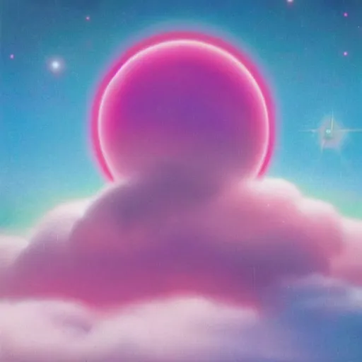 Prompt: 8 0 s new age album cover depicting a fluffy pink cloud in the shape of waluigi, very peaceful mood