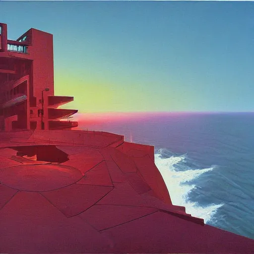 Image similar to painting of of brutalist fascist cyberpunk Japanese castle on the Oregon Coast cliffs at sunset by Zaha Hadid, Beksinski, Moebius, and Rutkowski