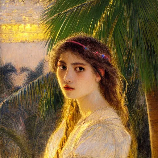 Image similar to a ultradetailed beautiful painting of a girl at night on the amazonas palace by jules bastien - lepage, hans belmer, frank weston and gustave baumann, trending on artstation, mediterranean, palm trees, light sparkles, sharp focus, soft light, 8 k 4 k