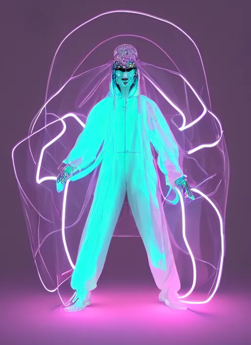 Prompt: photo of fullbodied baroque and bladerunner delicate neon diamond sculpture of seductive ceramic albino marble prince brian whittaker dotado mint iridescent humanoid deity wearing pink plastic trashbag hooded cloak holding diamond skull in a white alien dungeon, reclining, glowing magenta face, crown of white diamonds, cinematic lighting, photorealistic, octane render 8 k depth of field 3 d