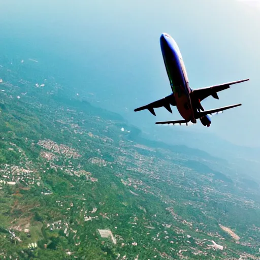 Image similar to pov shot on the back of a flying bird, a plane arriving in front