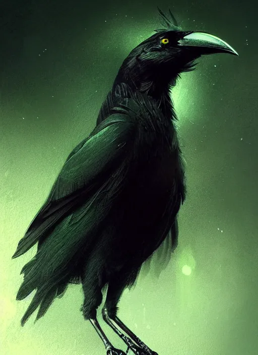 Image similar to side portrait dark crow (animal), close-up, fantasy forest landscape, moonshine, fantasy magic, nice black feather, proud, green dark light night, intricate, elegant, sharp focus, illustration, highly detailed, digital painting, concept art, matte, art by WLOP and Artgerm and Greg Rutkowski and Eddie Mendoza, masterpiece