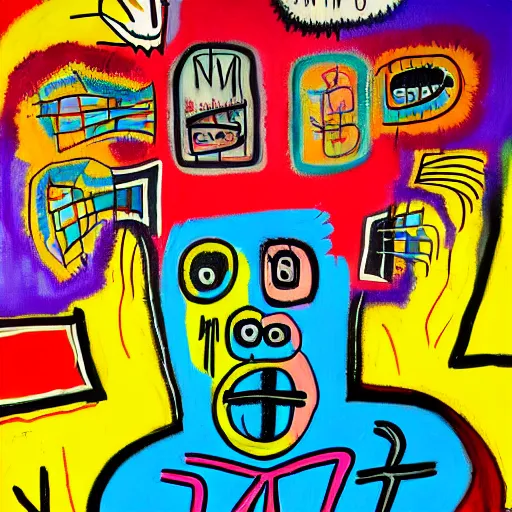 Image similar to colorful odd colors detailed abstract neo expressionism chaotic oil painting of sad boy business man depressed with tattoos by basquiat