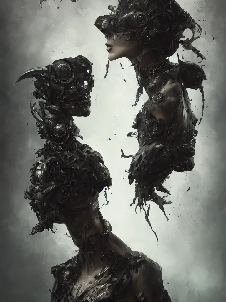 Image similar to a hardcore portrait of a dark sombre woman, hyperrealistic, highly detailed, intricate, sci-fi, sharp focus, trending on Artstation HQ, deviantart, unreal engine 5, 4K UHD image, in the style of Tom Bagshaw, Cedric Peyravernay, Peter Mohrbacher