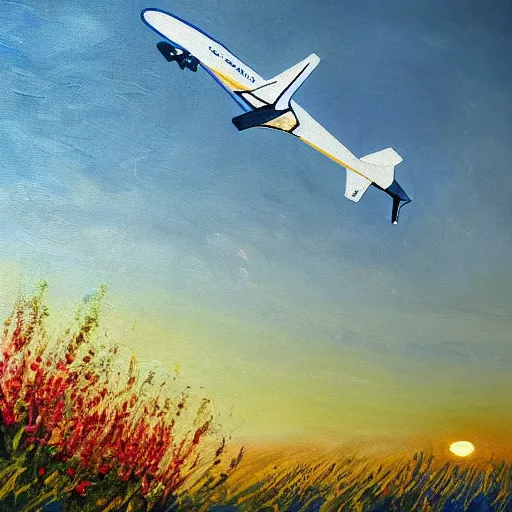 Prompt: spacex starship rocket landing in a field of flowers at sunset, impressionist painting