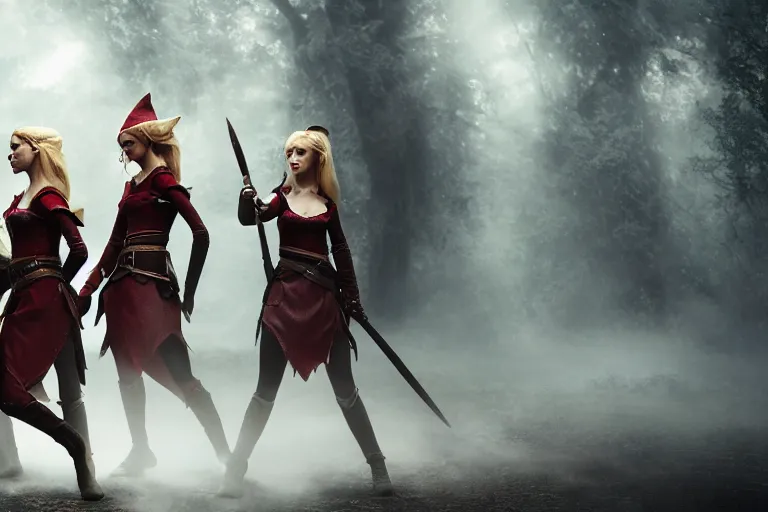 Prompt: a cinematic photograph of three female elf warriors, 8 k, ultra realistic, dramatic lighting, real faces, mist