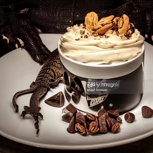 Prompt: lizard eating a cinematic dramatic lights movie shot of ultra realistic photo of a cup full of sweet goloso pasticceria chocolate ice cream cake with a coffee - praline twist cream bigne in with rich details in luxury cup and plates