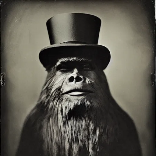 Prompt: a vintage wet plate portrait of a dignified bigfoot with a top hat and cane, extremely detailed, by angus mcbean!!!!!!!!!!!!!!!!!!