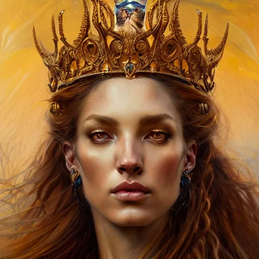 Image similar to highly detailed portrait of a majestic lioness queen in the form of a beautiful woman. d & d. art by eugene delacroix, donato giancola, anna dittmann, arthur adams. trending on artstation, intricate details, energetic composition, golden ratio, concept art, illustration, elegant art, global illuminaition