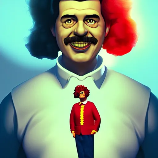 Prompt: Portrait of Pedro Sanchez, prime minister of Spain, as Ronald McDonald, mattepainting concept Blizzard pixar maya engine on stylized background splash comics global illumination lighting artstation lois van baarle, ilya kuvshinov, rossdraws