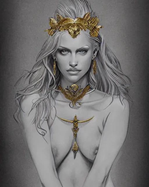 Image similar to tattoo design sketch of hot blonde super model as aphrodite greek goddess wearing a gold laurel wreath and triangle earrings, beautiful piercing gaze with sharp pupils, in the style of greg rutkowski, fantasy, amazing detail, epic, elegant, smooth, sharp focus, front view