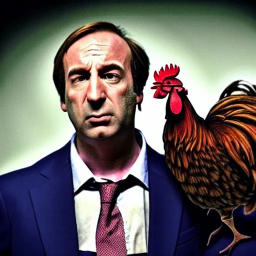 Image similar to saul goodman and a rooster in a medieval torture chamber, saw blades and knives in the background, horror movie, saul goodman, rooster!!!!!, real life photo, detailed face