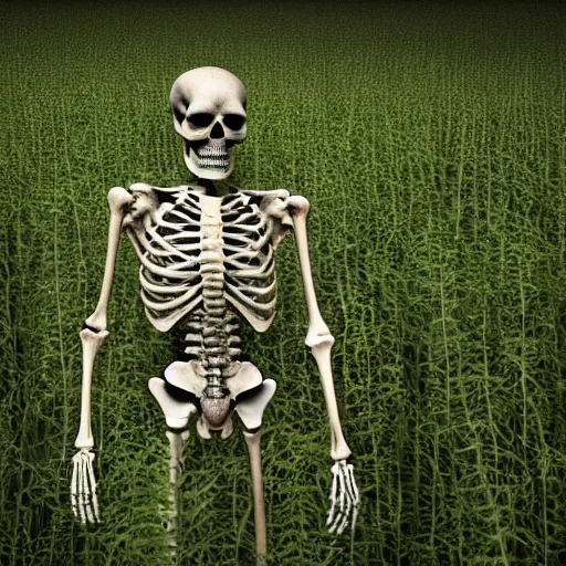 Prompt: a skeleton lies in a field as the weeds and kudzu grow through it by hr giger, symmetrical, detailed, intricate, photorealistic, light raytracing, depth, realistic textures, cinematic lighting