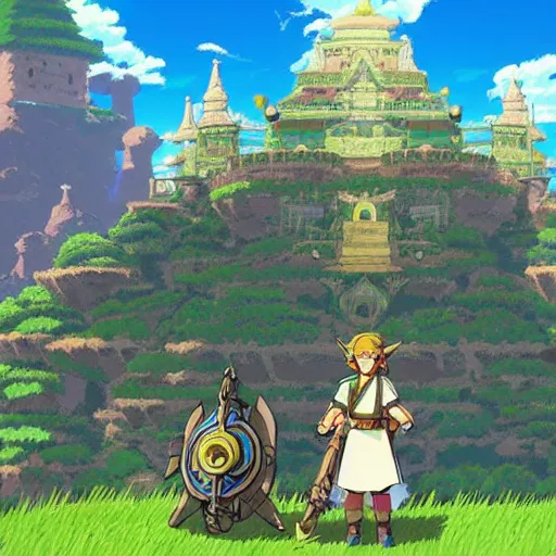 Prompt: studio ghibli themed breath of the wild Hyrule castle, without Link