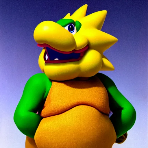 Prompt: Candid portrait photograph of King Koopa from super mario hold Mario Kart 1st winner trophy, taken by Annie Leibovitz