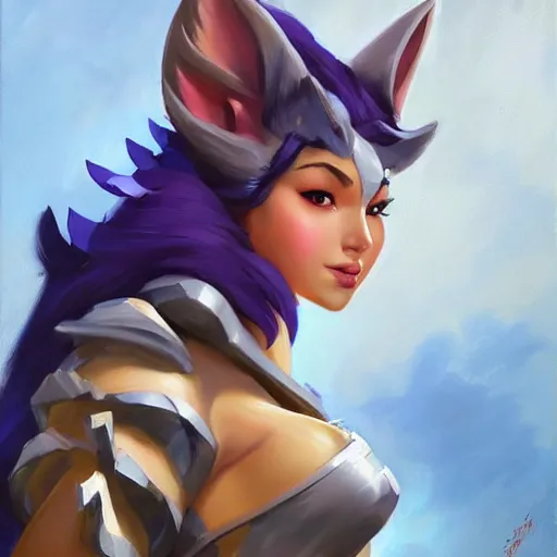 Image similar to greg manchess portrait painting of partially armored ahri from league of legends as overwatch character, medium shot, asymmetrical, profile picture, organic painting, sunny day, matte painting, bold shapes, hard edges, street art, trending on artstation, by huang guangjian, gil elvgren, ruan jia, randy vargas, greg rutkowski, gaston bussiere