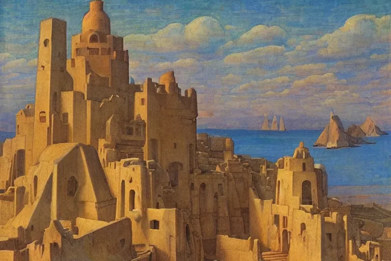 Prompt: ancient city by the sea by Annie Swynnerton and Nicholas Roerich and jean delville, strong dramatic cinematic lighting , ornate painted architecture, lost civilizations, smooth, sharp focus, extremely detailed