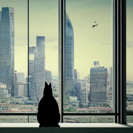 Image similar to a cat in business attire looking out at a city skyline, pondering life, movie still, uhd, 8k,