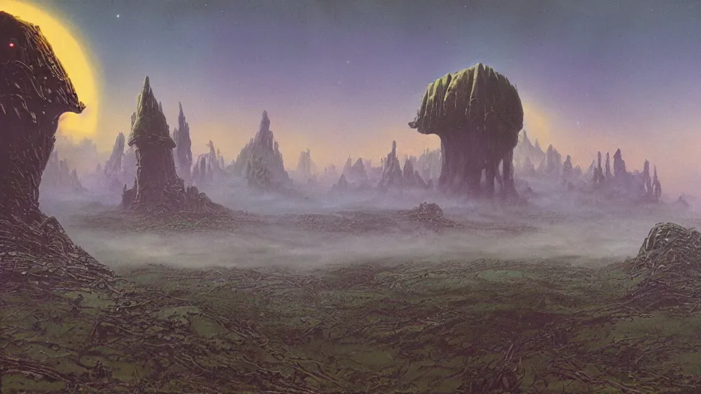 Prompt: eerie atmospheric alien planet by angus mckie and bob eggleton and chris moore, epic cinematic matte painting