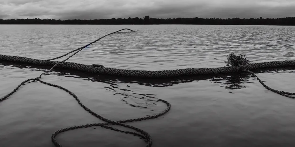 Image similar to symmetrical photograph of an infinitely long rope submerged on the surface of the water, the rope is snaking from the foreground towards the center of the lake, a dark lake on a cloudy day, trees in the background, moody scene, dreamy anamorphic lens