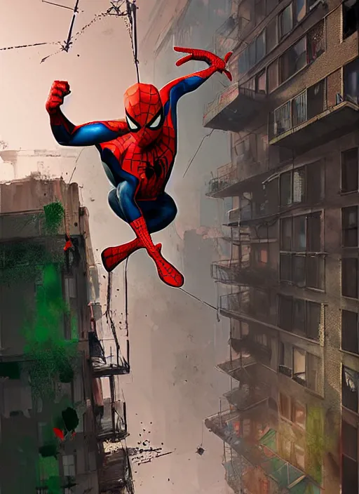 Image similar to spider - man jumping from building, red and green hour, by ismail inceoglu