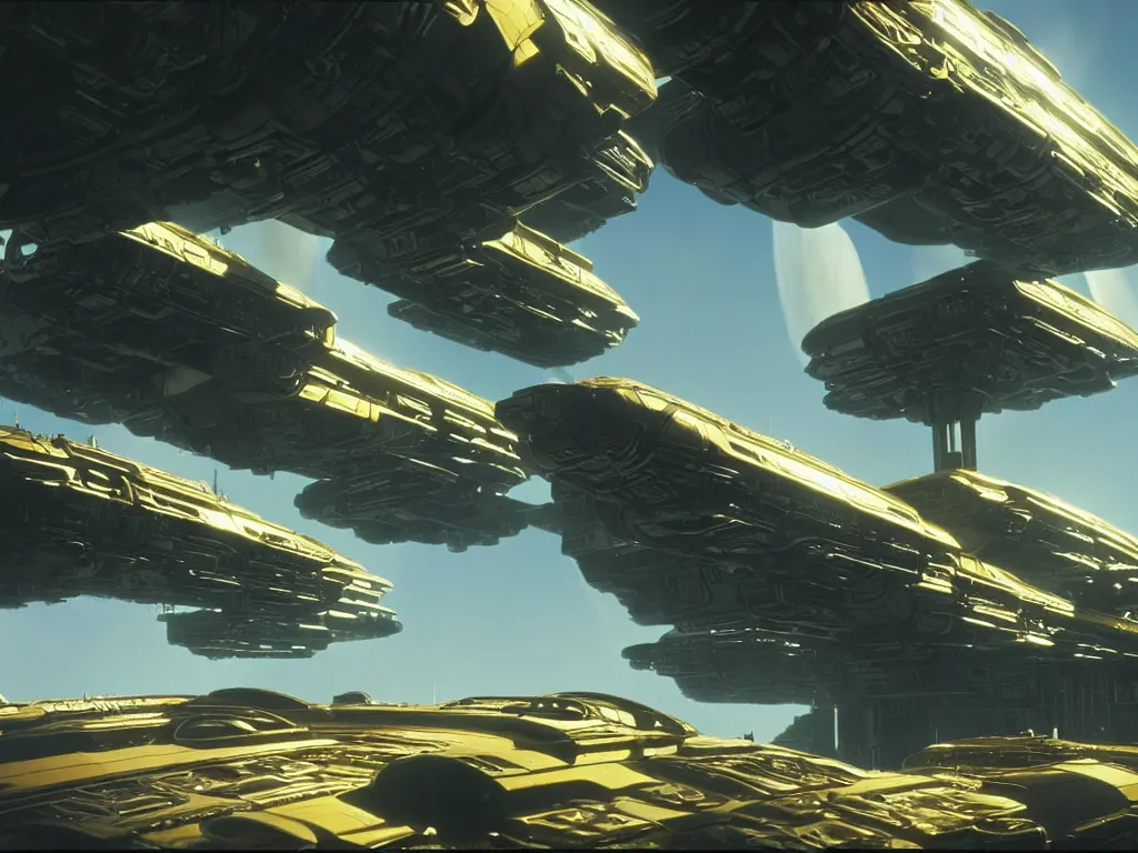 Prompt: an elaborate ornate spaceship, cinematic, shadows, partly cloudy day, 4 k, detailed, by chris foss and peter jackson and ridley scott and beeple and greg rutowski